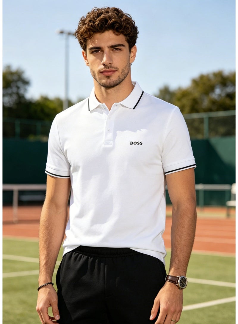 BOSS Men's Short Sleeve Contrast Tipped Collar Polo Shirt, Casual Regular Fit, White - Image 4