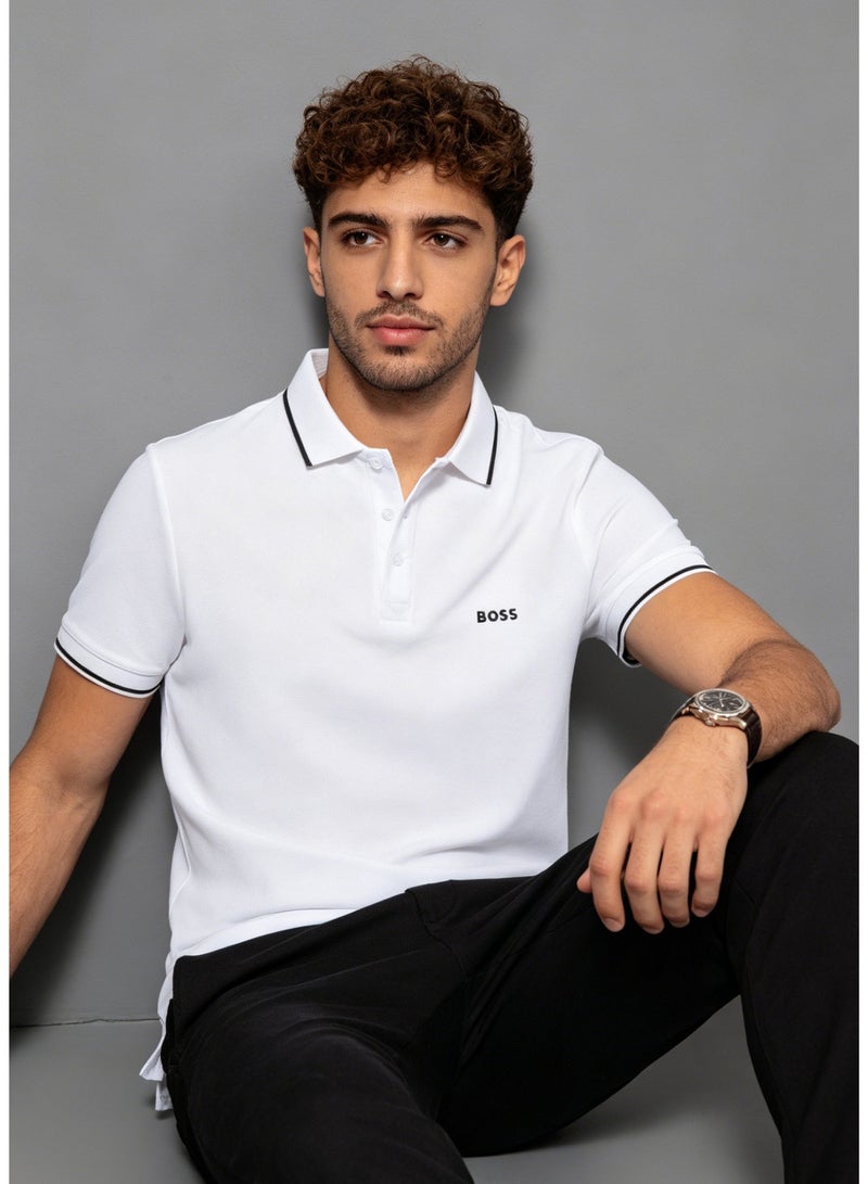 BOSS Men's Short Sleeve Contrast Tipped Collar Polo Shirt, Casual Regular Fit, White - Image 5