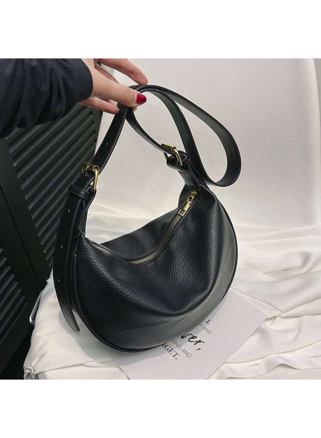 Casual Versatile Soft Leather Dumpling Shape Crossbody Bag For Women Fashionable Korean Style Single Shoulder Satchel 2024 Winter-Color:Black  - Image 1