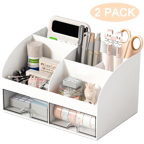COMFYROOM Desk Organizer with 6 Compartments and 2 Drawers Plastic Makeup Organizer Pen Holder for Desktop Storage Desk Organization for School Home Office Supplies White2Pack - Image 3