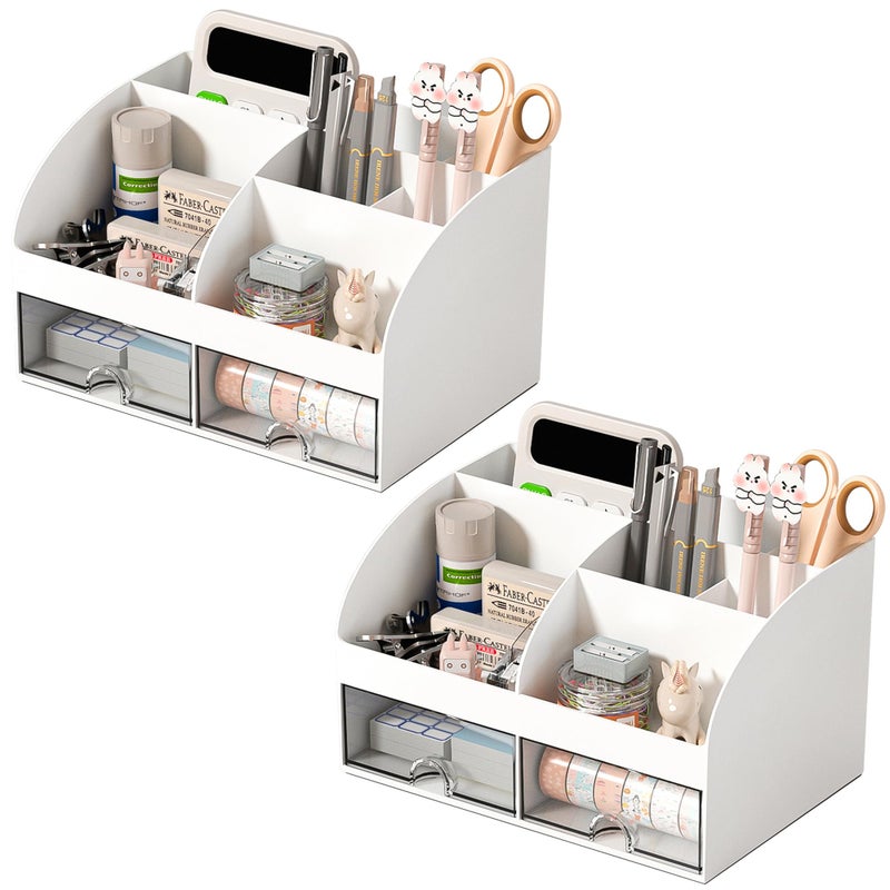 COMFYROOM Desk Organizer with 6 Compartments and 2 Drawers Plastic Makeup Organizer Pen Holder for Desktop Storage Desk Organization for School Home Office Supplies White2Pack - Image 2