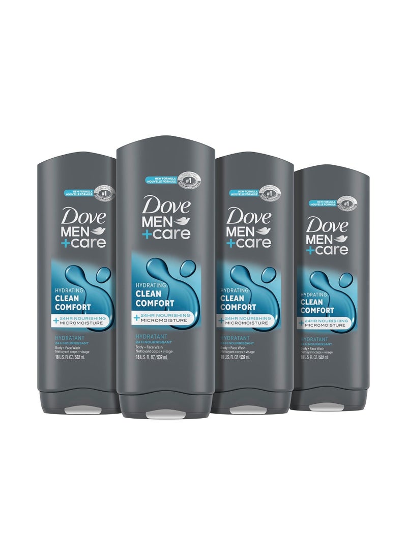 Dove Men+Care Body and Face Wash Clean Comfort 4 Count for Healthier and Stronger Skin Effectively Washes Away Bacteria While Nourishing Your Skin, 18 oz