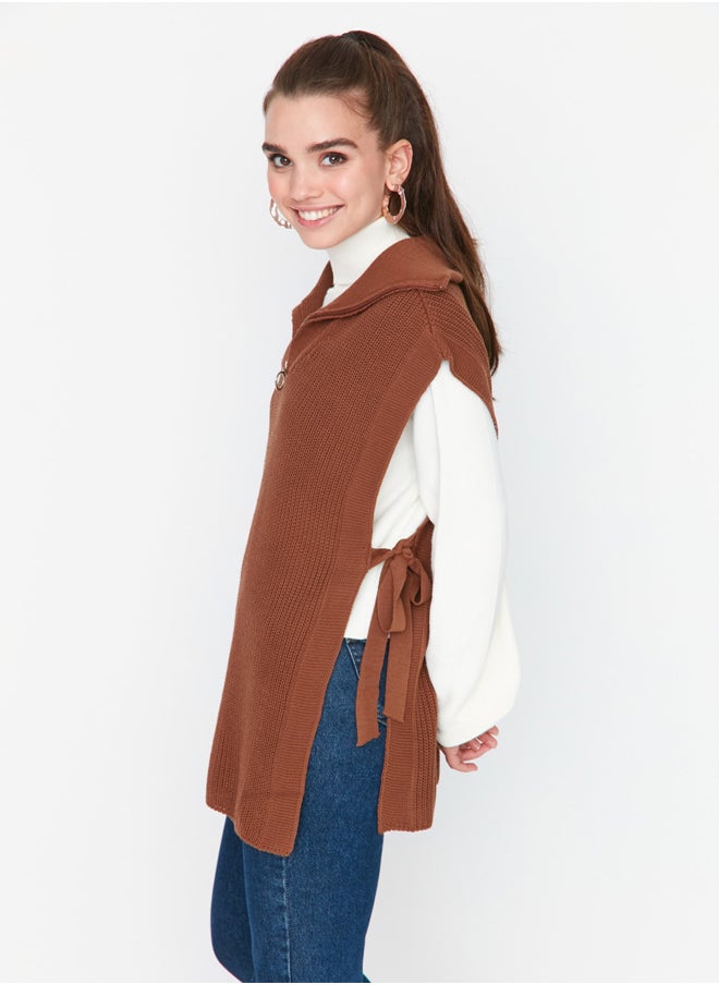 trendyol - Brown Zipper Collar Tie Side Detail Knitwear Sweater TCTAW22UV0009 - Image 1