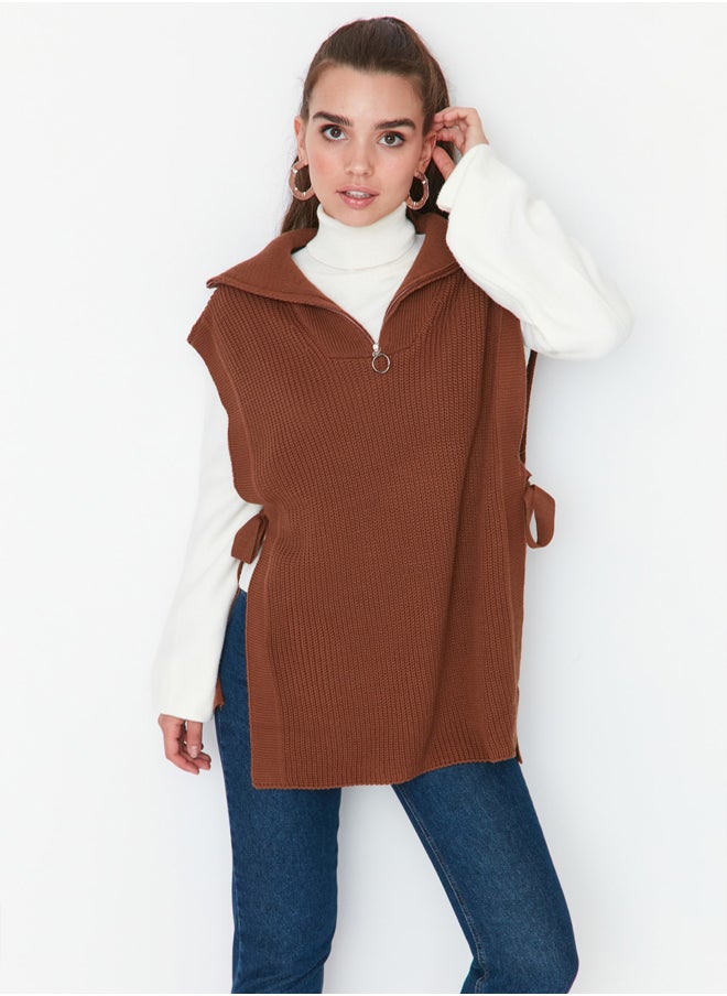 trendyol - Brown Zipper Collar Tie Side Detail Knitwear Sweater TCTAW22UV0009 - Image 1
