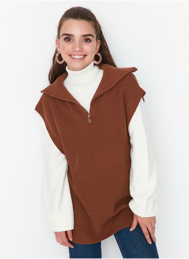 trendyol - Brown Zipper Collar Tie Side Detail Knitwear Sweater TCTAW22UV0009 - Image 1
