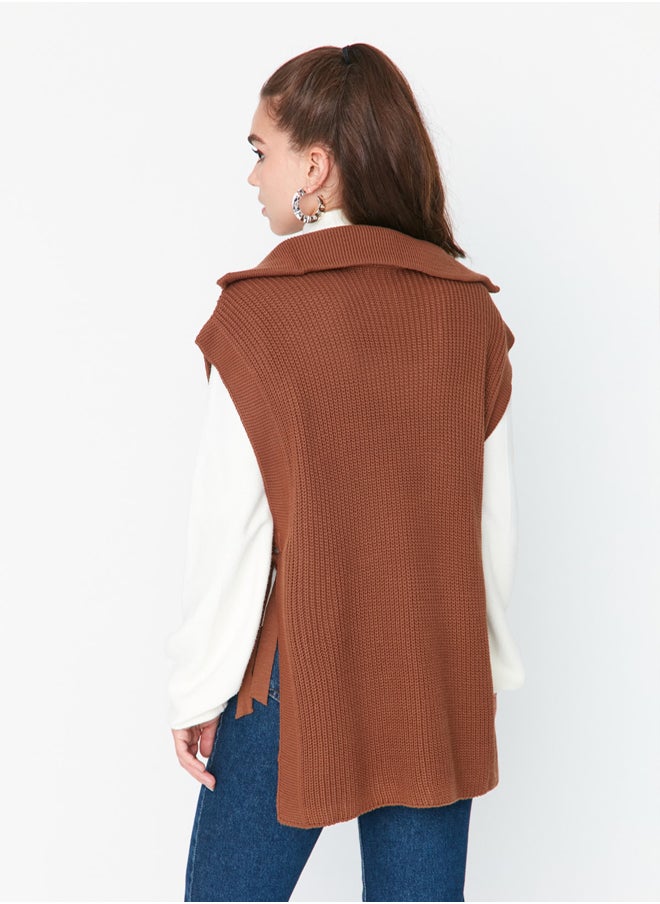 trendyol - Brown Zipper Collar Tie Side Detail Knitwear Sweater TCTAW22UV0009 - Image 1