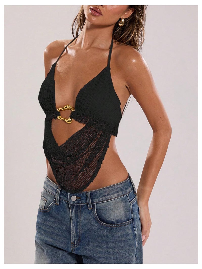 MakeMeChic Women's Y2k Crochet Halter Top Open Back Metal Ring Draped Front Summer Sequin Rave Party Going Out Tops Black Small - Image 2
