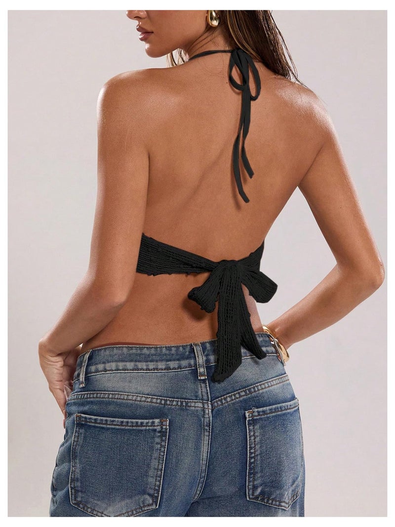 MakeMeChic Women's Y2k Crochet Halter Top Open Back Metal Ring Draped Front Summer Sequin Rave Party Going Out Tops Black Small - Image 3