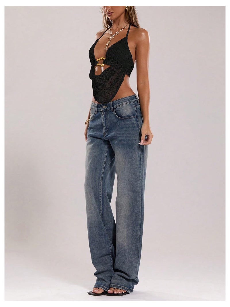 MakeMeChic Women's Y2k Crochet Halter Top Open Back Metal Ring Draped Front Summer Sequin Rave Party Going Out Tops Black Small - Image 5