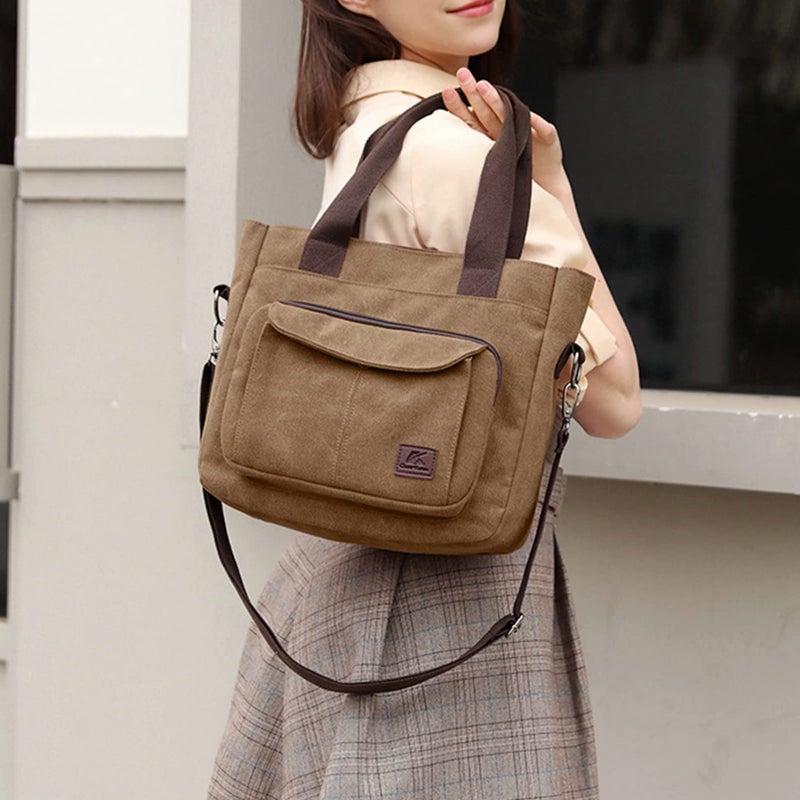 Sunshinejing Women's Canvas Crossbody Tote Bags Top Handle Handbag Work Small Totes Purse Shoulder Bag (Brown) - Image 4
