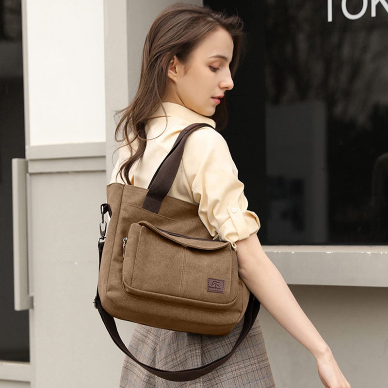 Sunshinejing Women's Canvas Crossbody Tote Bags Top Handle Handbag Work Small Totes Purse Shoulder Bag (Brown) - Image 2