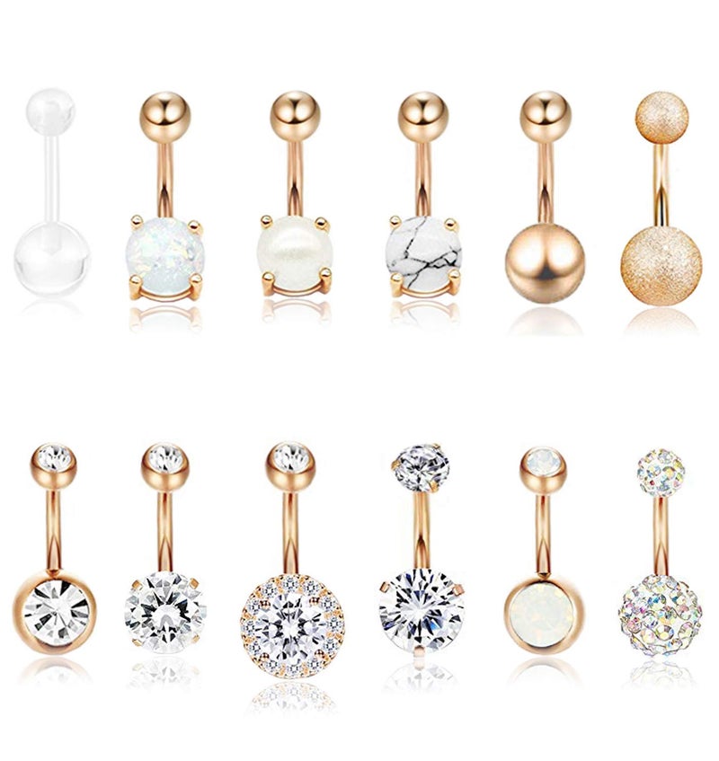 Masedy 12Pcs Belly Button Rings for Women Surgical Steel Curved Navel Barbell Rings Body Piercing Jewelry Rose Gold - Image 1