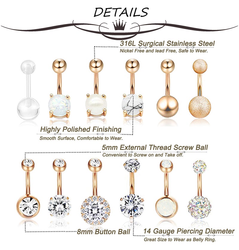 Masedy 12Pcs Belly Button Rings for Women Surgical Steel Curved Navel Barbell Rings Body Piercing Jewelry Rose Gold - Image 5