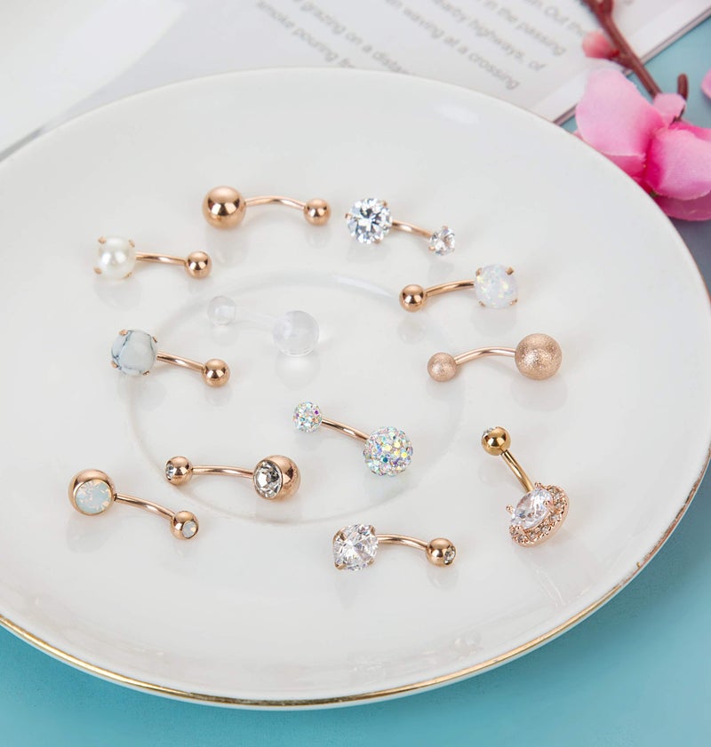 Masedy 12Pcs Belly Button Rings for Women Surgical Steel Curved Navel Barbell Rings Body Piercing Jewelry Rose Gold - Image 4