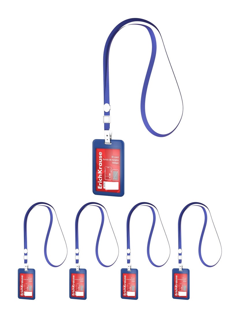 ErichKrause 5-Piece Hard Plastic Vertical ID Card Holder With Lanyard Blue - Image 1
