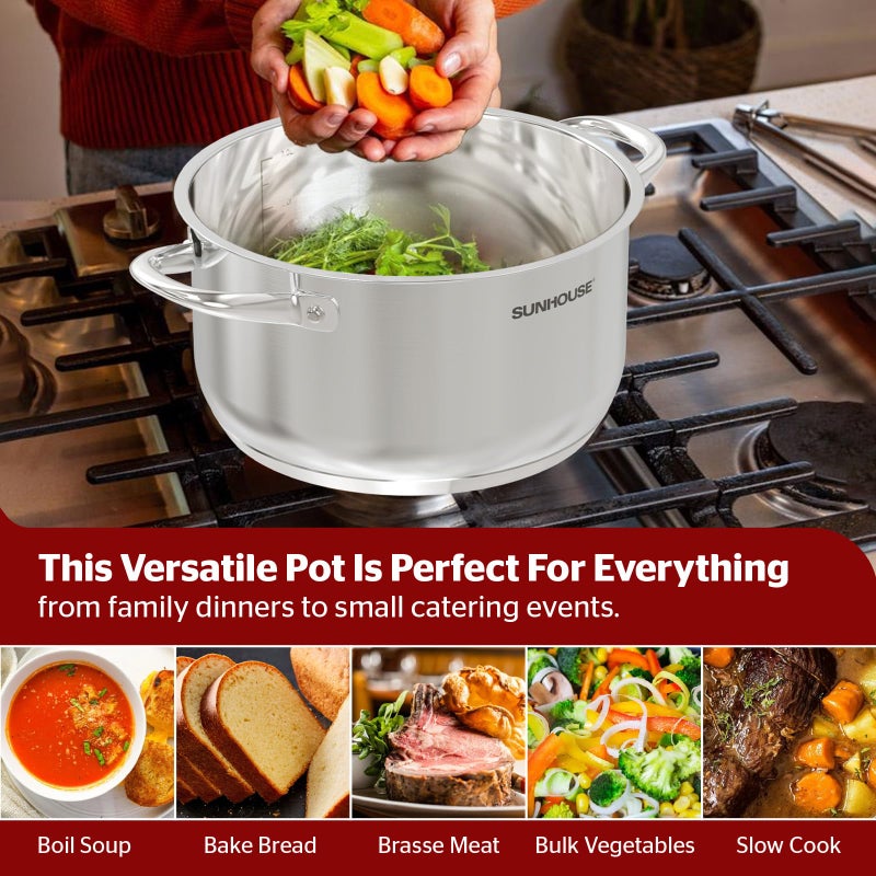 SUNHOUSE Stainless Steel Stock Pot - 13 Quart Heavy-Duty Induction Cooking Pot with Visible Lid for Pasta, Soup, Spaghetti - Nonstick Thick-Bottom Deep Stockpot for Canning, Boiling, and Simmering - Image 4
