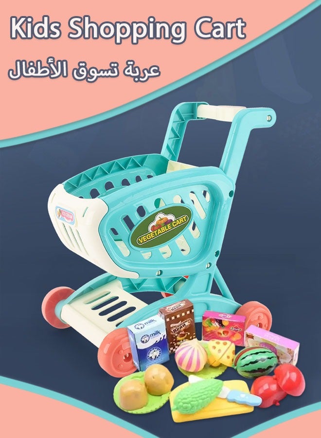 Kids Shopping Cart Trolley Play Set with Pretend Food and Accessories,Play Food Role Play Educational Toy,Perfect for Ages 3+ Pretend Play and Role-Playing Games（Blue）  - Image 1