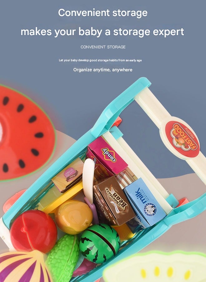 Kids Shopping Cart Trolley Play Set with Pretend Food and Accessories,Play Food Role Play Educational Toy,Perfect for Ages 3+ Pretend Play and Role-Playing Games（Blue）  - Image 5