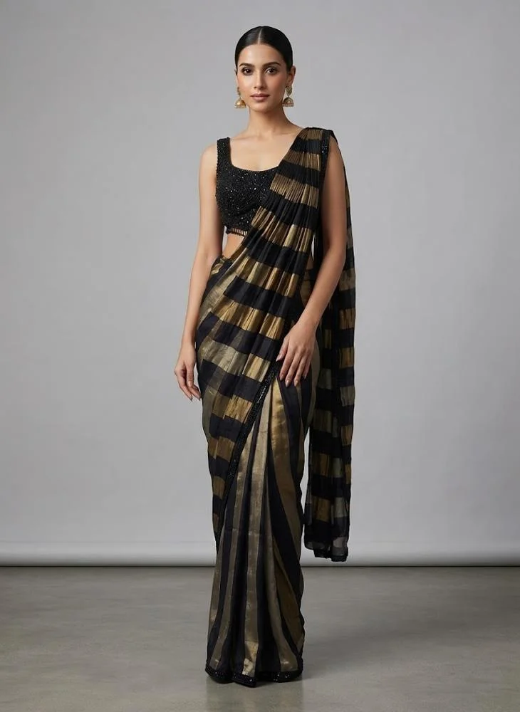 Viny VINY Black Sequin Embroidered Saree Set with Striped Blouse – Women's Indian Ethnic Wear