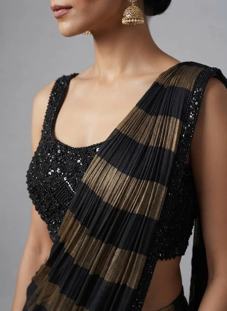Viny VINY Black Sequin Embroidered Saree Set with Striped Blouse – Women's Indian Ethnic Wear