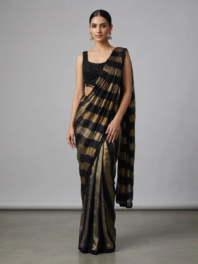 VINY Black Sequin Embroidered Saree Set with Striped Blouse – Women's Indian Ethnic Wear