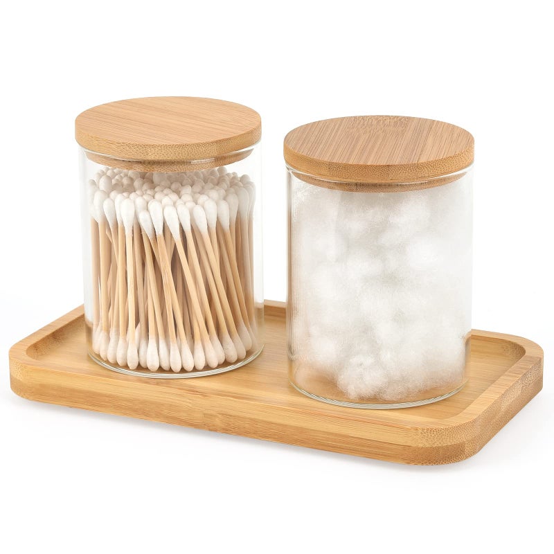 BKYFPQ Bamboo Vanity Tray Bathroom Tray Organizer Glass Qtip Holder Dispenser Apothecary Jars for Cotton Swabs Balls Round Pad Perfume Candles Cosmetics and Jewelry Storage Organizer 