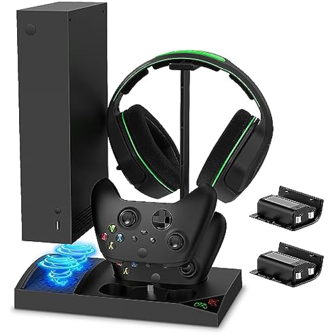 COOLING STAND FOR XBOX SERIES S WITH 1400MAH RECHARGEABLE BATTERY PACK, VERTICAL CHARGING STATION DOCK ACCESSORIES WITH CONTROLLER CHARGER PORTS, HEADSET HOLDER, COOLER SYSTEM & BATTERIES