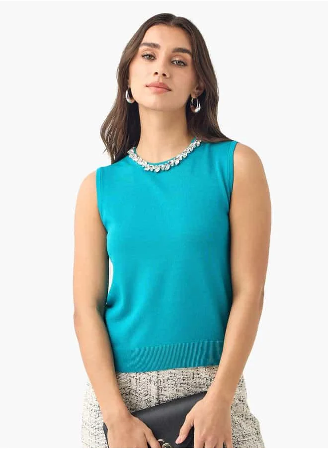 Iconic Iconic Embellished Sleeveless Top with Keyhole Detail