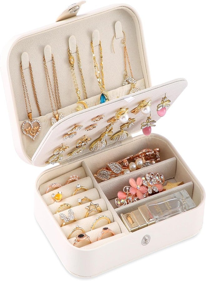JRM Portable PU Leather Jewellery Organizer Box with Zipper and Dividers for Rings, Earrings, Necklaces - Ideal Travel Storage Case for Women (White, Rectangle) - Image 1