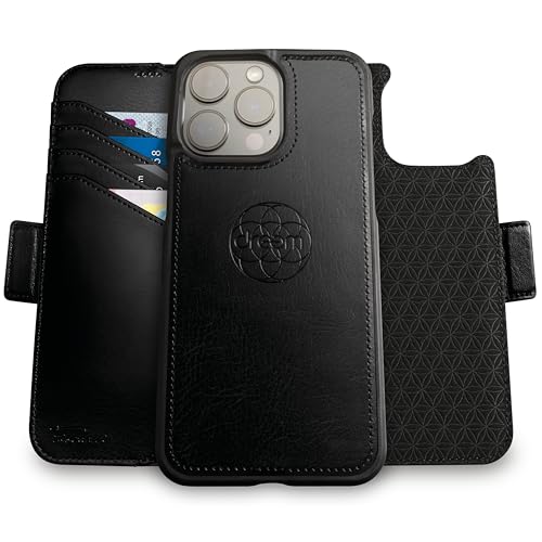 Dreem Wallet Case for iPhone 15 Pro Max Revolutionary VertHor Phone Stand Magnetic Detachable Vegan Leather Flip Cover RFID Blocking Card Holder MagSafeFit Gift Box Fibonacci Black - Image 1