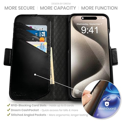 Dreem Wallet Case for iPhone 15 Pro Max Revolutionary VertHor Phone Stand Magnetic Detachable Vegan Leather Flip Cover RFID Blocking Card Holder MagSafeFit Gift Box Fibonacci Black - Image 3