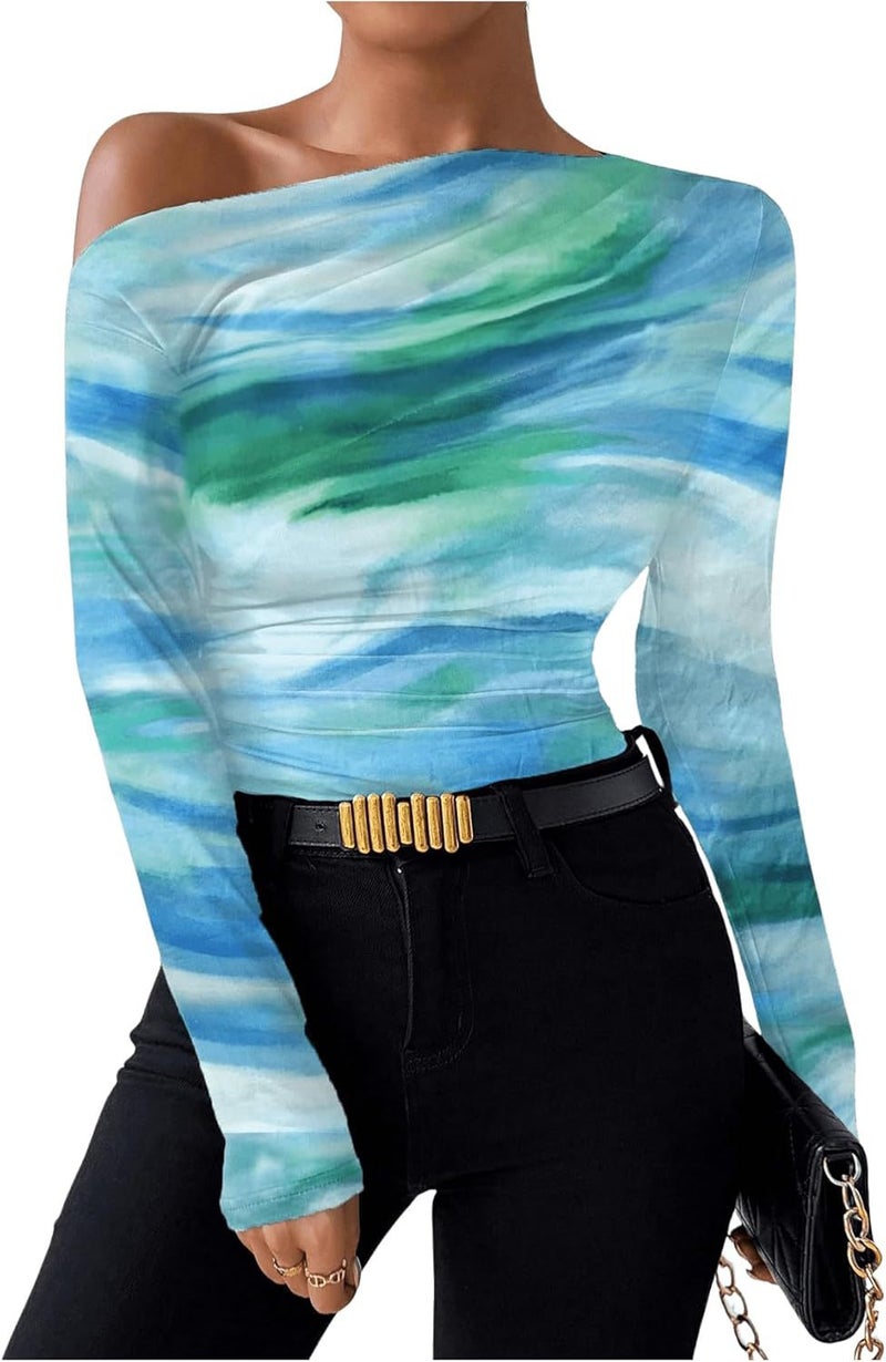 2024 Fashion Tie-Dye Printing Asymmetric Ruffled Long Sleeve T-Shirt - Image 1