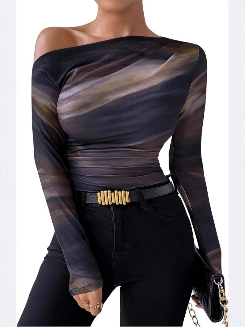 2024 Fashion Tie-Dye Printing Asymmetric Ruffled Long Sleeve T-Shirt - Image 2