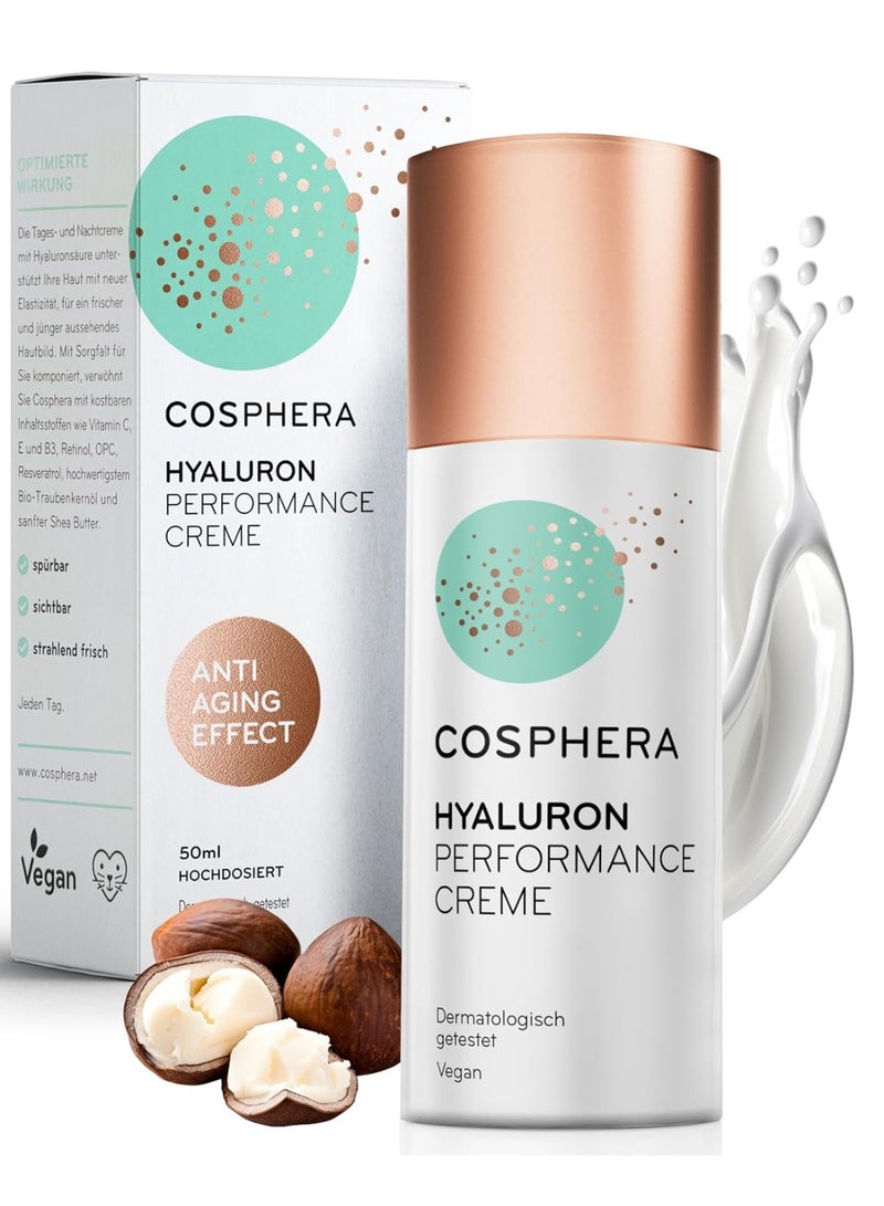 كوسفيرا كريم هيالورون بيرفورمانس بحجم 50 مل – كريم نباتي (فيغان) للنهار والليل بتركيز عالٍ، مخصص للوجه والرقبة ومنطقة الصدر وتحت العين. يوفر ترطيباً عميقاً، ينعّم الخطوط الدقيقة، ويساعد على تقليل التجاعيد. مناسب للرجال والنساء. مصنوع في ألمانيا. - Image 1