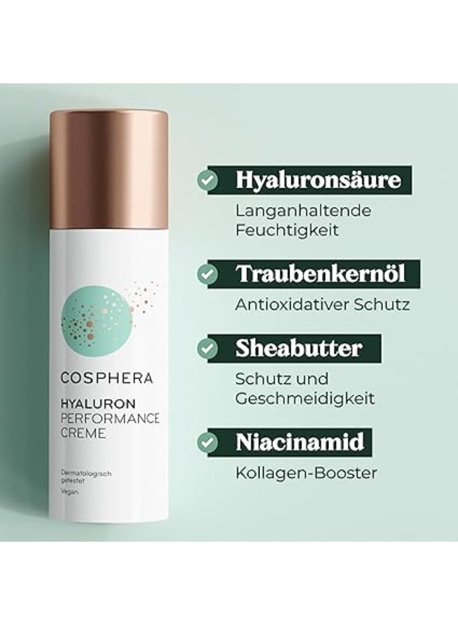كوسفيرا كريم هيالورون بيرفورمانس بحجم 50 مل – كريم نباتي (فيغان) للنهار والليل بتركيز عالٍ، مخصص للوجه والرقبة ومنطقة الصدر وتحت العين. يوفر ترطيباً عميقاً، ينعّم الخطوط الدقيقة، ويساعد على تقليل التجاعيد. مناسب للرجال والنساء. مصنوع في ألمانيا. - Image 2
