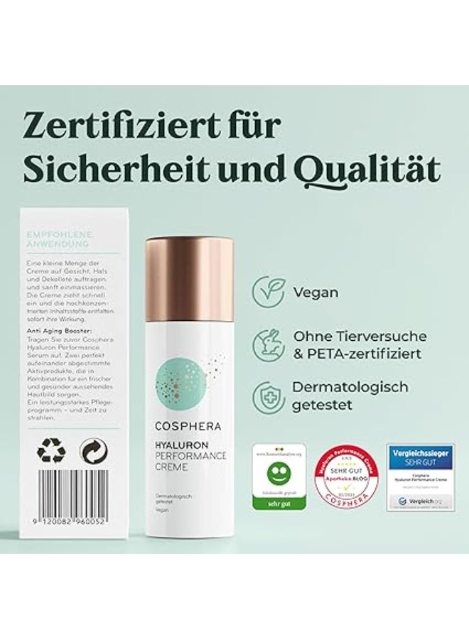 كوسفيرا كريم هيالورون بيرفورمانس بحجم 50 مل – كريم نباتي (فيغان) للنهار والليل بتركيز عالٍ، مخصص للوجه والرقبة ومنطقة الصدر وتحت العين. يوفر ترطيباً عميقاً، ينعّم الخطوط الدقيقة، ويساعد على تقليل التجاعيد. مناسب للرجال والنساء. مصنوع في ألمانيا. - Image 3