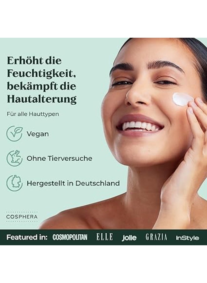 كوسفيرا كريم هيالورون بيرفورمانس بحجم 50 مل – كريم نباتي (فيغان) للنهار والليل بتركيز عالٍ، مخصص للوجه والرقبة ومنطقة الصدر وتحت العين. يوفر ترطيباً عميقاً، ينعّم الخطوط الدقيقة، ويساعد على تقليل التجاعيد. مناسب للرجال والنساء. مصنوع في ألمانيا. - Image 4