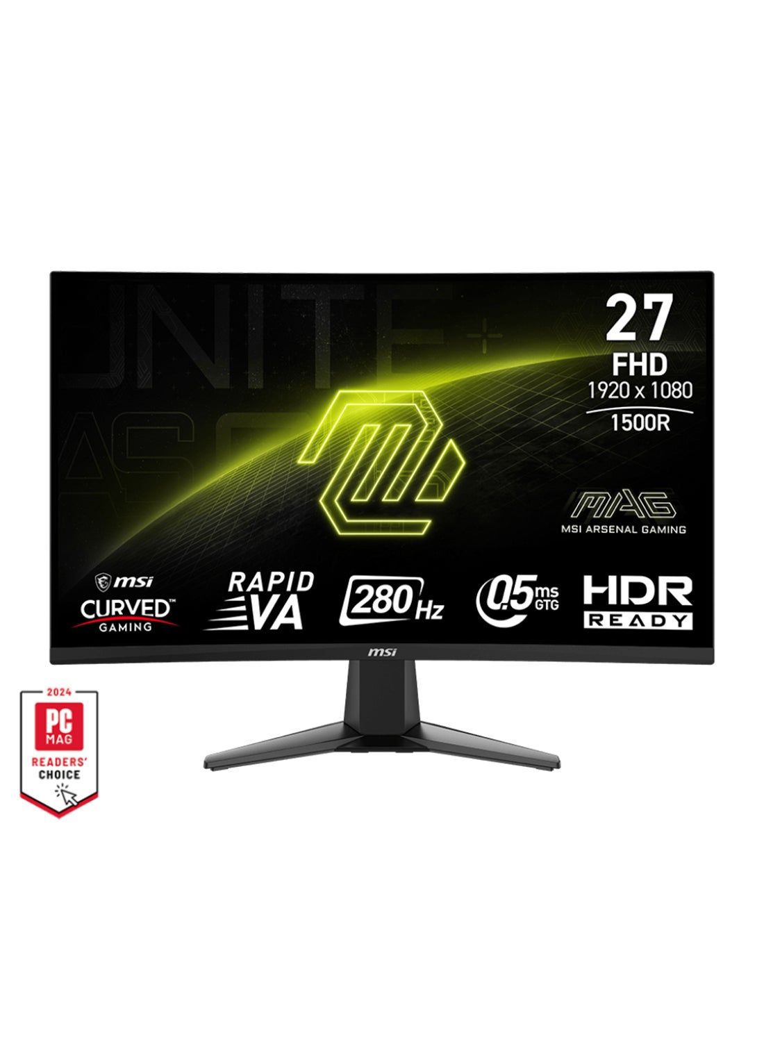 MAG 276CXF Gaming Curved Monitor, 27" Rapid VA Display, WQHD Resolution (2560x1440), 165Hz Refresh Rate, 1ms (MPRT) Response Time, FreeSync Premium, HDR Ready, 1500R Curvature, Wide Color Gamut, 178° Viewing Angles, 93% DCI-P3, Anti-Glare, Frameless Design, 9S6-3CE01M-022 Black