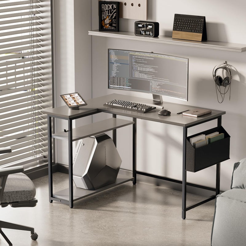 Pamray 40 Inch L Shaped Computer Desk with Reversible Side Storage Shelves, Small Corner Desk for Small Space Home Office, Writing Study Table PC Desk for Bedroom, Grey - Image 2