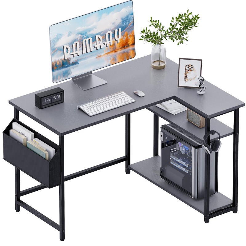 Pamray 40 Inch L Shaped Computer Desk with Reversible Side Storage Shelves, Small Corner Desk for Small Space Home Office, Writing Study Table PC Desk for Bedroom, Grey - Image 1