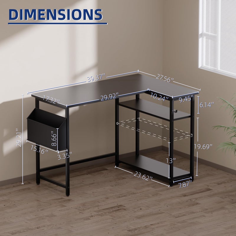 Pamray 40 Inch L Shaped Computer Desk with Reversible Side Storage Shelves, Small Corner Desk for Small Space Home Office, Writing Study Table PC Desk for Bedroom, Grey - Image 5