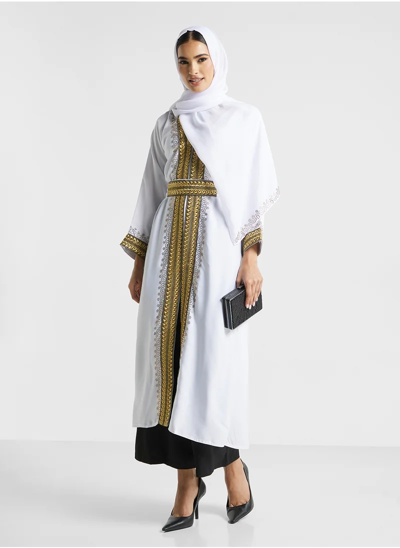 ARABIAN CLOSET Embroidered Open Abaya Wih Belt