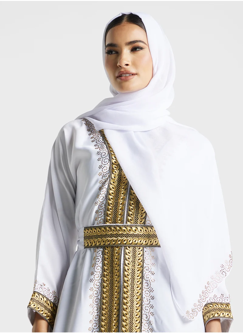 ARABIAN CLOSET Embroidered Open Abaya Wih Belt
