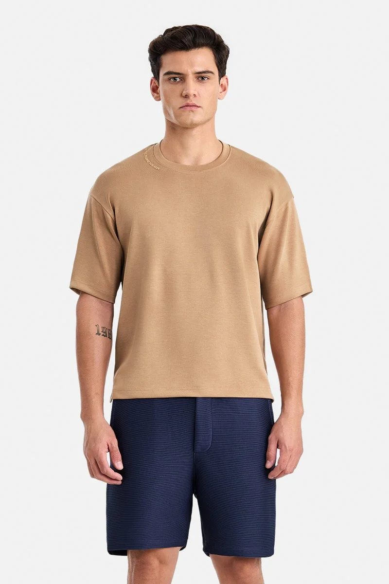 سنيتش Beige Solid Half Sleeve Oversized T-Shirt