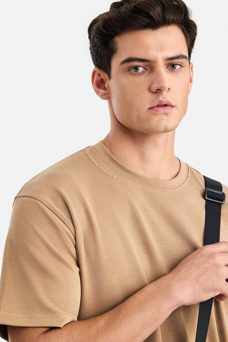 SNITCH Beige Beige Solid Half Sleeve Oversized T-Shirt for Men | Best Price UAE