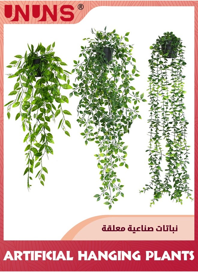 UNUNS - Fake Hanging Plants,3 Pack Artificial Hanging Plants Potted Greenery With Pots,Faux Eucalyptus Vine Mandala Vine Pea Pod For Home Room Wall Office Shelf Indoor Outdoor Decor - Image 1