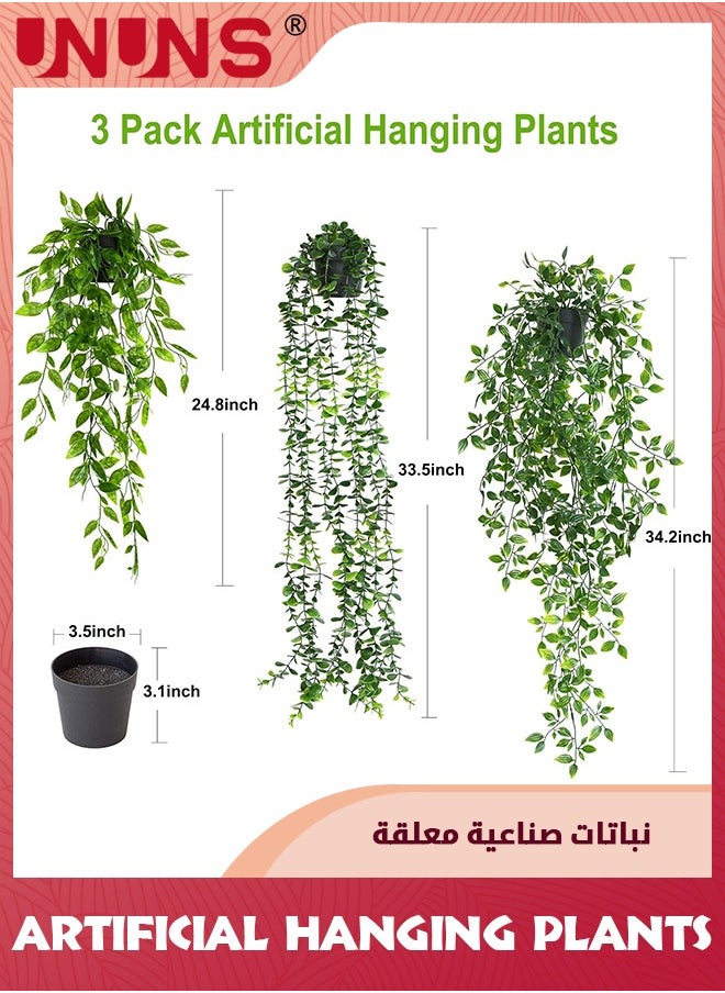 UNUNS - Fake Hanging Plants,3 Pack Artificial Hanging Plants Potted Greenery With Pots,Faux Eucalyptus Vine Mandala Vine Pea Pod For Home Room Wall Office Shelf Indoor Outdoor Decor - Image 1
