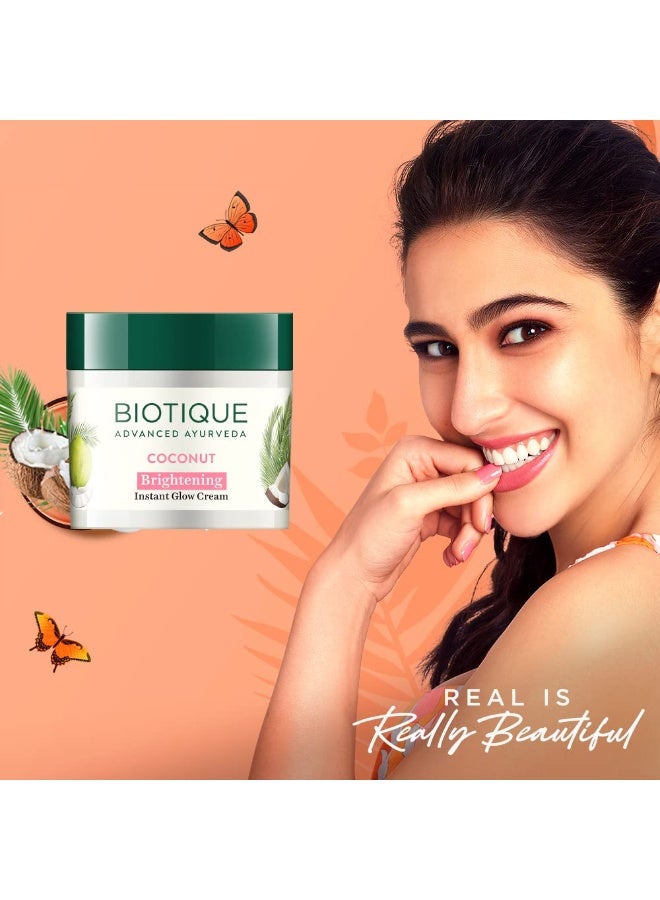 Biotique Coconut Brightening Instant Glow Cream| Lightweight and Non-Greasy | Reduces Dark Spots and Protects Ageing | Nourished and Moisturized Skin |100% Botanical Extracts| All Skin Types | 50gm - Image 2