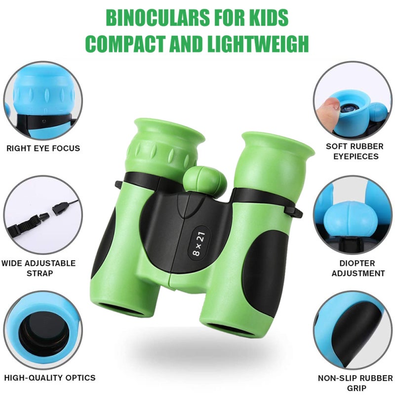 Kids Binoculars: 8X Magnification Green Palm-Sized - Crystal Clear View Shockproof Rubber-Coated Binoculars for Outdoor Exploration Bird Watching Kids Educational Play - Image 5