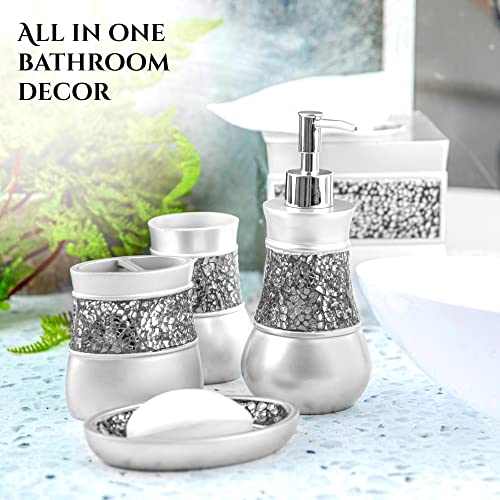 Creative Scents Crackled Glass Silver Bathroom Accessory Set - 4 Piece Bathroom Sets Accessories Included: Soap Dispenser, Toothbrush Holder, Tumbler and Soap Dish - Image 2